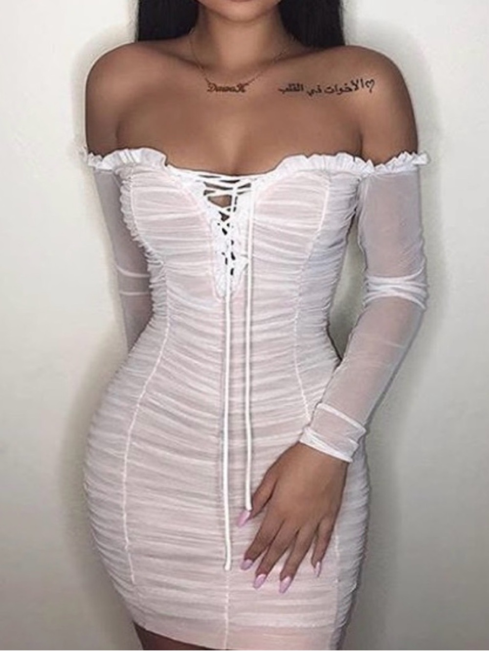 Fashion Nova Off-Shoulder White Ruched Lace-Up Mesh Bodycon Dress - Picture 3 of 6
